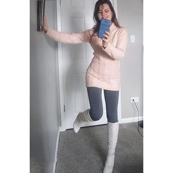 Women's Turtleneck Knit Sweater Pink Long Slim Fitted Bodycon Dress Long Sleeve - Picture 4 of 5